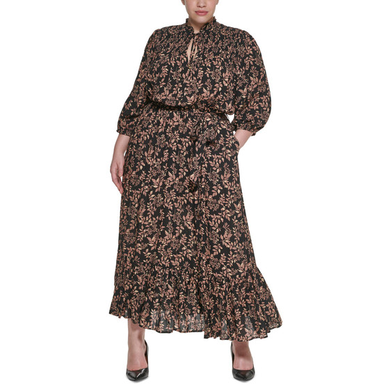 Plus Size Tie-Neck Smocked-Yoke Maxi Dress