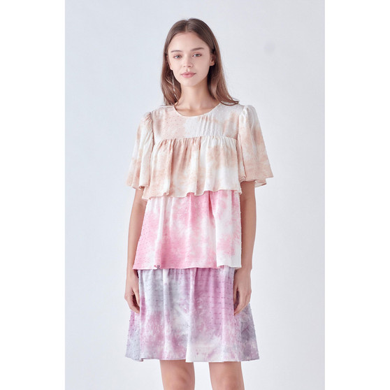 Women's Tie Dye Swiss Dot Tiered Mini Dress