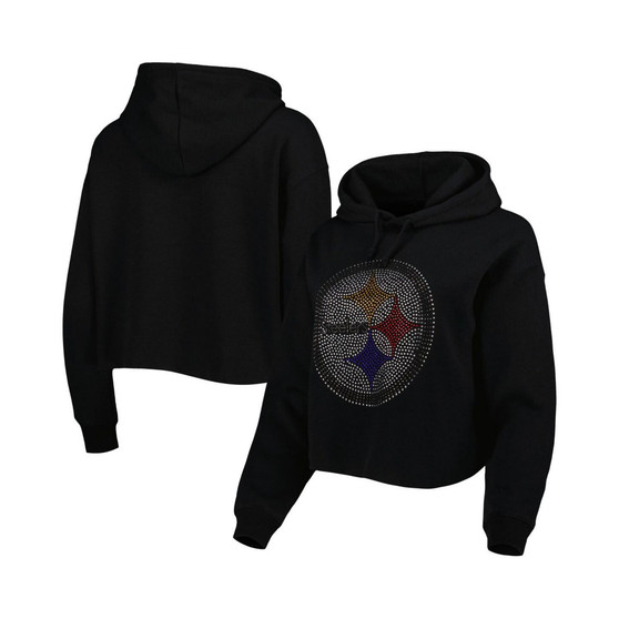 Women's Black Pittsburgh Steelers Crystal Logo Cropped Pullover Hoodie