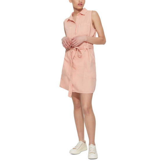 Women's Solid Belted Sleeveless Shirtdress