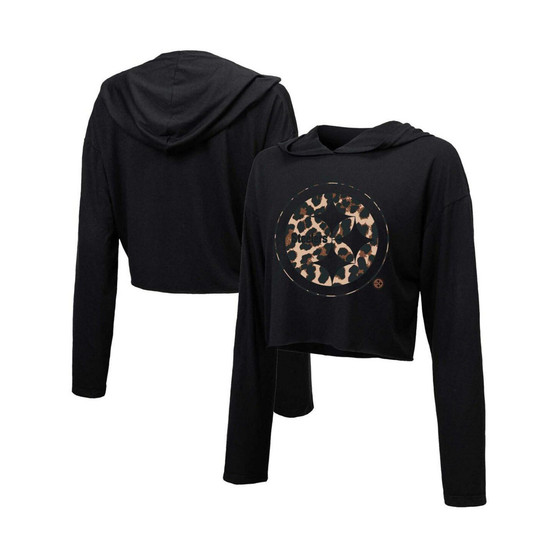Women's Threads Black Pittsburgh Steelers Leopard Cropped Pullover Hoodie