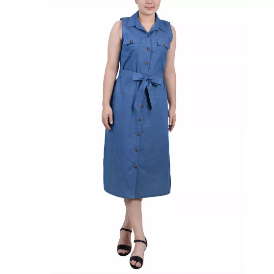 Petite Sleeveless Belted Chambray Midi Dress