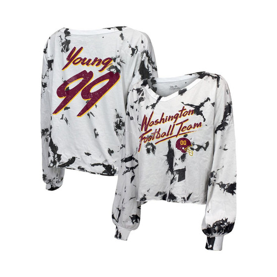 Women's Threads Chase Young White Washington Commanders Off-Shoulder Tie-Dye Name and Number Long Sleeve V-Neck Crop-Top T-shirt