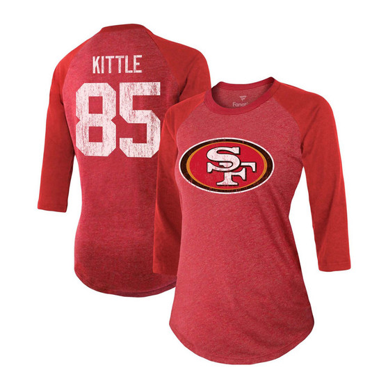 Women's George Kittle Scarlet San Francisco 49Ers Team Player Name Number Tri-Blend Raglan 3/4 Sleeve T-shirt