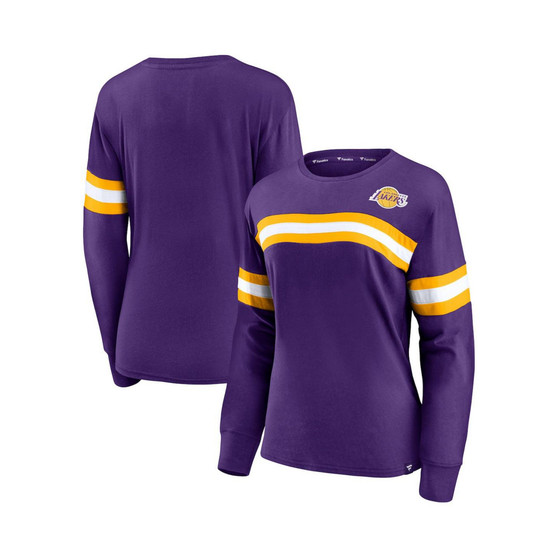 Women's Branded Purple Los Angeles Lakers Block Party Chest Logo Striped Long Sleeve T-shirt