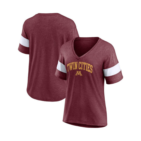 Women's Branded Heathered Maroon Minnesota Golden Gophers Arched City Sleeve-Striped Tri-Blend V-Neck T-shirt