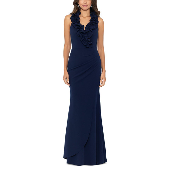 Women's Ruffled-V-Neck Sleeveless Ruched Gown