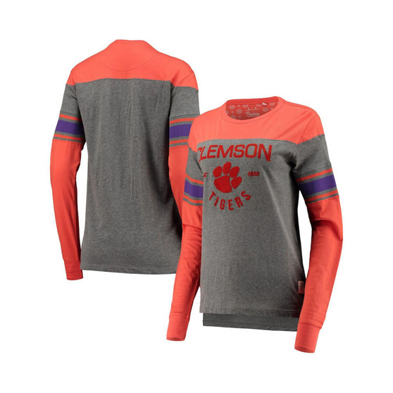 Women's Orange and Heathered Gray Clemson Tigers Lizzy Flocking Striped Long Sleeve T-shirt