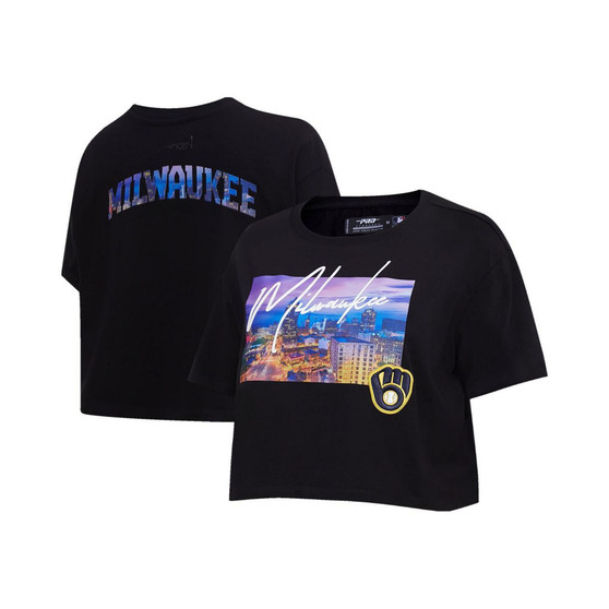 Women's Black Milwaukee Brewers Cityscape Boxy T-shirt