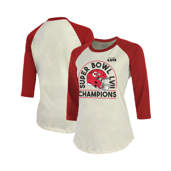 Women's Threads Cream, Red Kansas City Chiefs Super Bowl LVII Champions Kickoff Raglan 3/4 Sleeve T-shirt