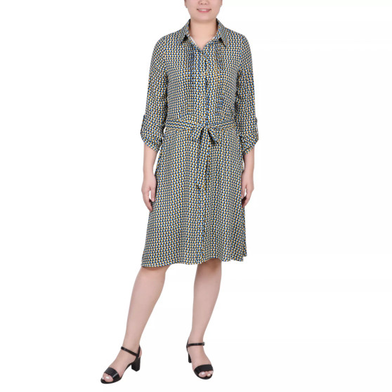 Petite Geometric Printed Roll Tab Sleeve Dobby Shirt Dress