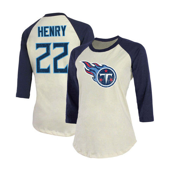 Women's Derrick Henry Cream, Navy Tennessee Titans Player Raglan Name Number 3/4 Sleeve T-shirt