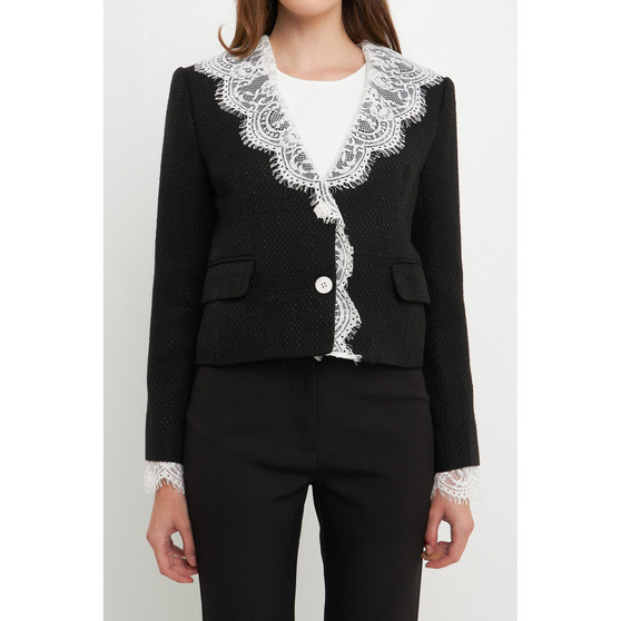 Women's Short Tweed Laced Collar Blazer