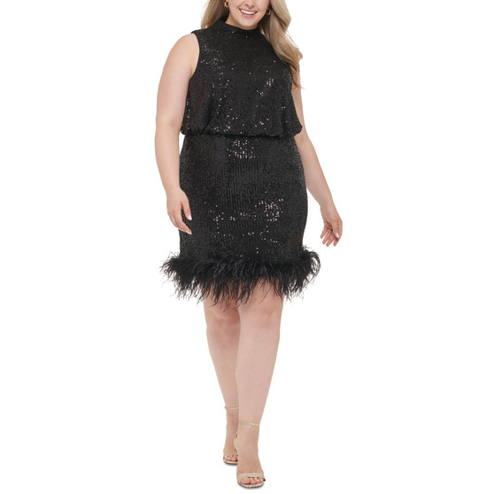 Plus Size Sequined Feathered-Hem Cocktail Dress