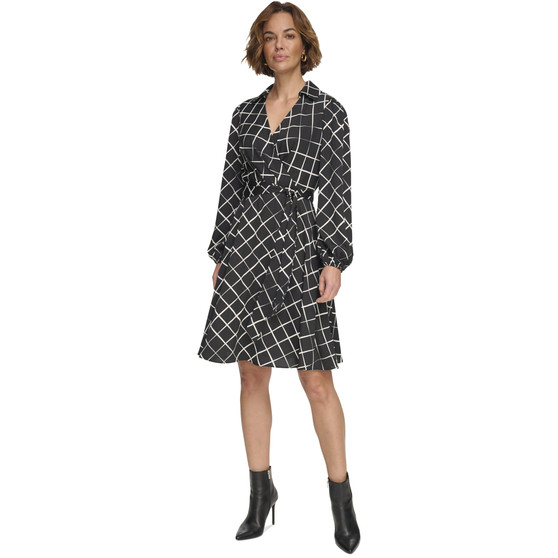 Women's Collared V-Neck Balloon-Sleeve Belted Dress