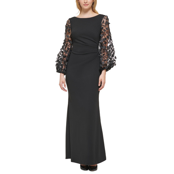 Petite Boat-Neck Balloon-Sleeve Scuba Crepe Gown