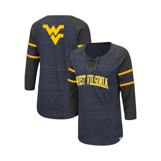 Women's Navy and Heathered Charcoal West Virginia Mountaineers Scienta Pasadena Raglan 3/4 Sleeve Lace-Up T-shirt