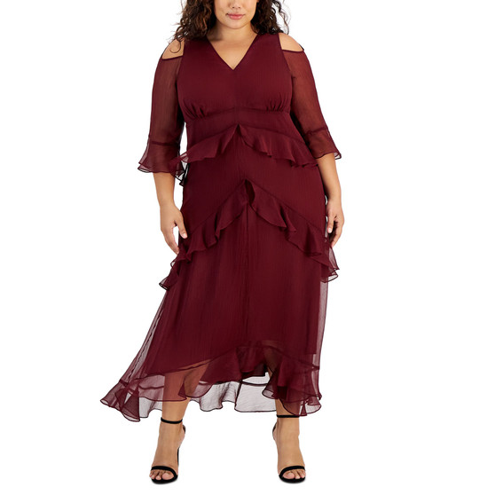 Plus Size V-Neck Ruffle-Trim Chiffon Dress