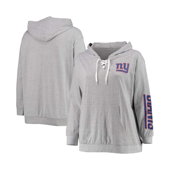 Women's Plus Size Heathered Gray New York Giants Lace-Up Pullover Hoodie