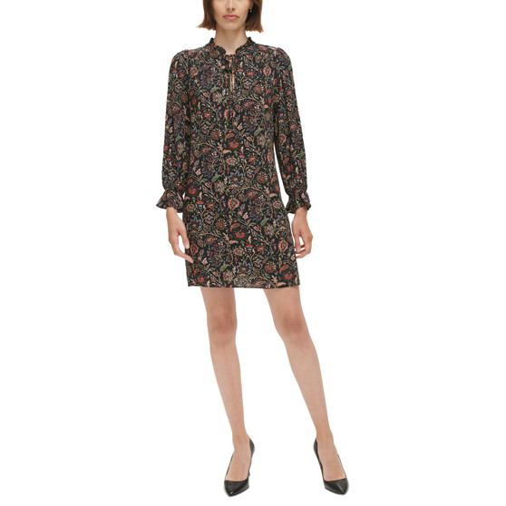 Petite Printed Ruffled Long-Sleeve Dress