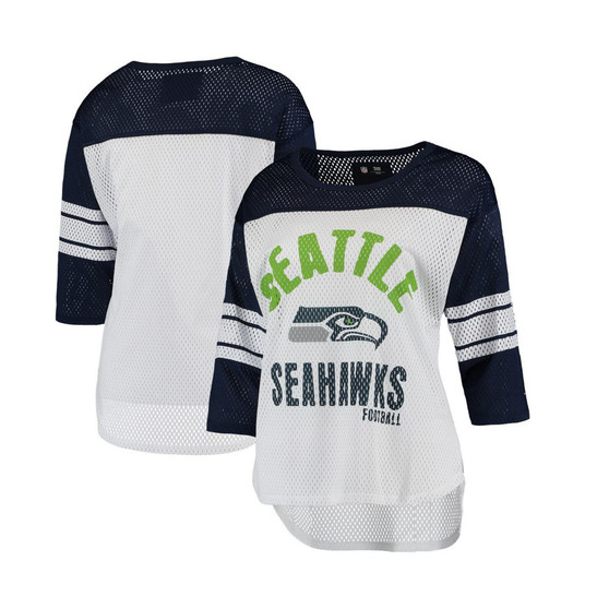 Women's White, College Navy Seattle Seahawks First Team Three-Quarter Sleeve Mesh T-shirt