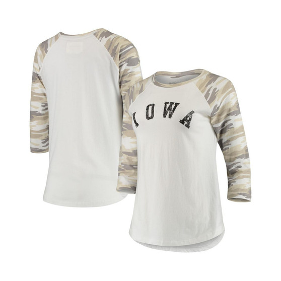 Women's White and Camo Iowa Hawkeyes Boyfriend Baseball Raglan 3/4-Sleeve T-shirt