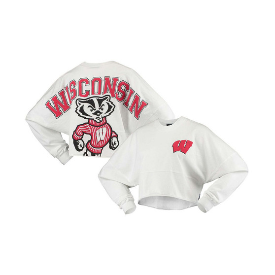 Women's White Wisconsin Badgers Raw Hem Cropped Long Sleeve T-shirt