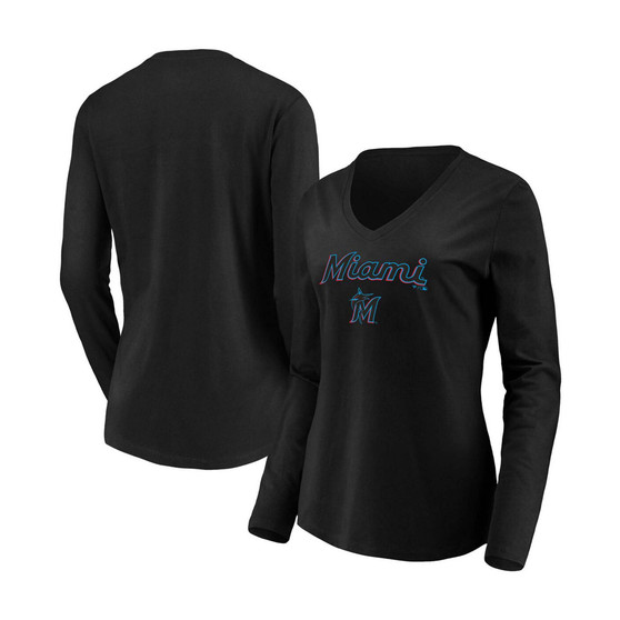 Women's Black Miami Marlins Core Team Lockup Long Sleeve V-Neck T-shirt