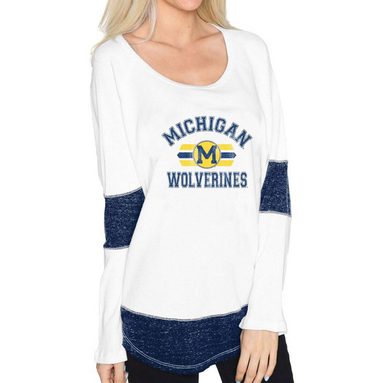 Women's White Michigan Wolverines Contrast Boyfriend Thermal Long Sleeve T-Shirt