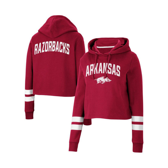 Women's Cardinal Arkansas Razorbacks Throwback Stripe Cropped Pullover Hoodie