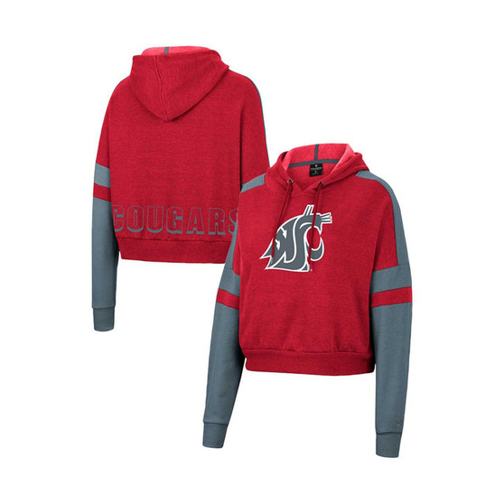 Women's Crimson Washington State Cougars Throwback Stripe Arch Logo Cropped Pullover Hoodie