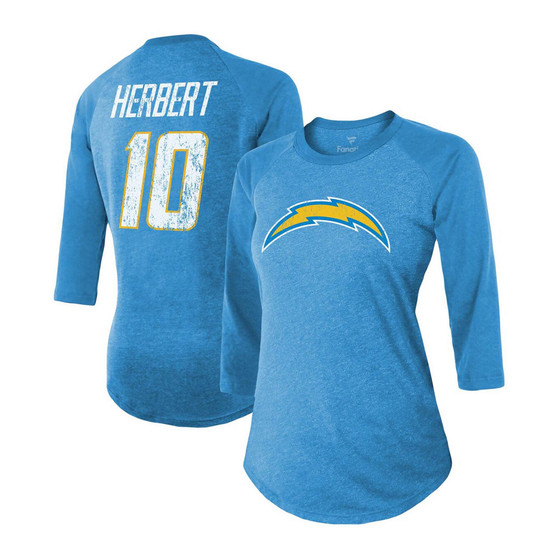 Women's Justin Herbert Powder Blue Los Angeles Chargers Team Player Name Number Tri-Blend Raglan 3/4 Sleeve T-shirt