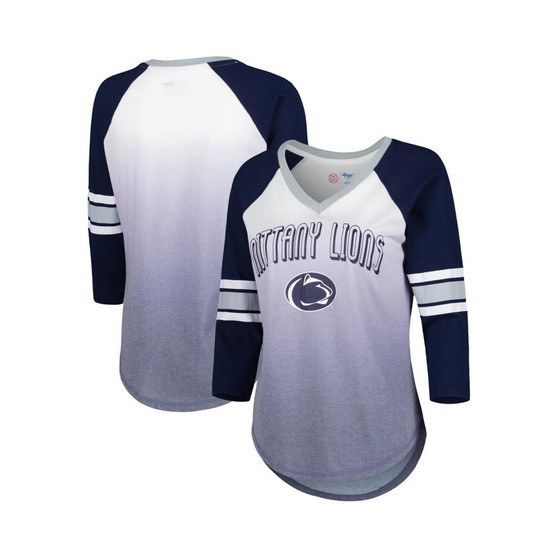 Women's White, Navy Penn State Nittany Lions Lead Off Ombre Raglan 3/4-Sleeve V-Neck T-shirt