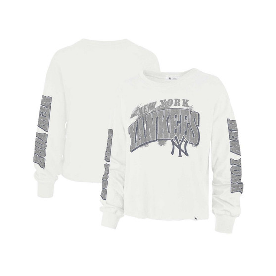 Women's Cream New York Yankees Parkway Brush Back Long Sleeve Cropped T-shirt