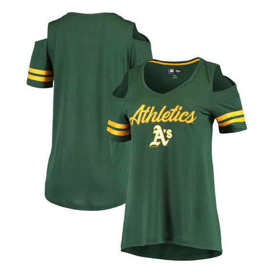 Women's Green Oakland Athletics Extra Inning Cold Shoulder V-Neck T-shirt