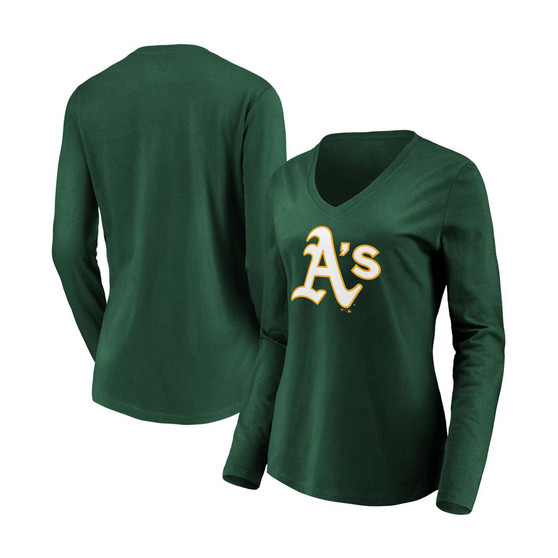 Women's Green Oakland Athletics Official Logo Long Sleeve V-Neck T-shirt