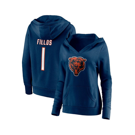 Women's Branded Justin Fields Navy Chicago Bears Player Icon Name and Number V-Neck Pullover Hoodie