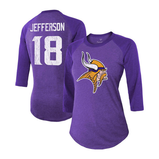 Women's Justin Jefferson Purple Minnesota Vikings Team Player Name Number Tri-Blend Raglan 3/4 Sleeve T-shirt