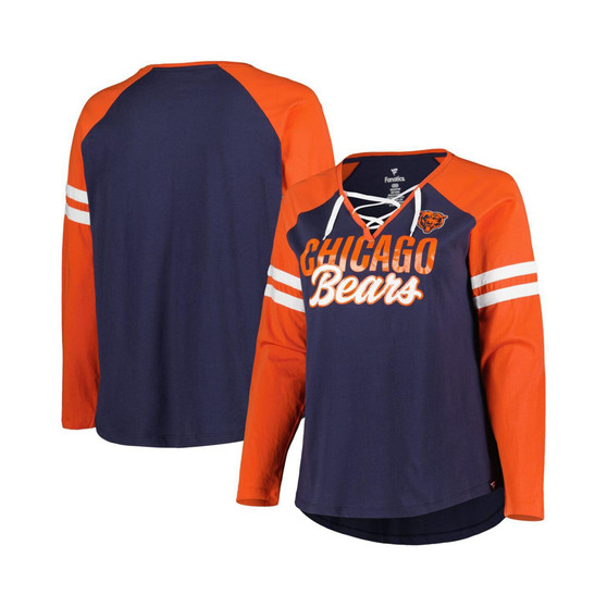 Women's Branded Navy, Orange Chicago Bears Plus Size True to Form Lace-Up V-Neck Raglan Long Sleeve T-shirt