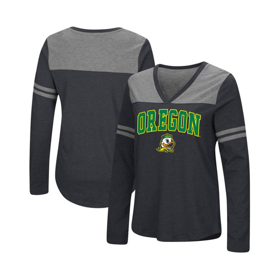 Women's Black Oregon Ducks Core Heritage Arch Logo V-Neck Long Sleeve T-shirt