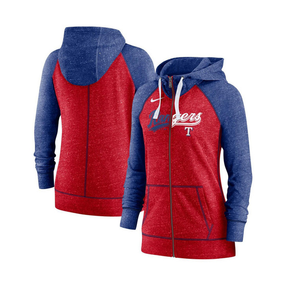 Women's Heathered Red and Heathered Royal Texas Rangers Split Wordmark Gym Vintage Raglan Slub Full-Zip Hoodie