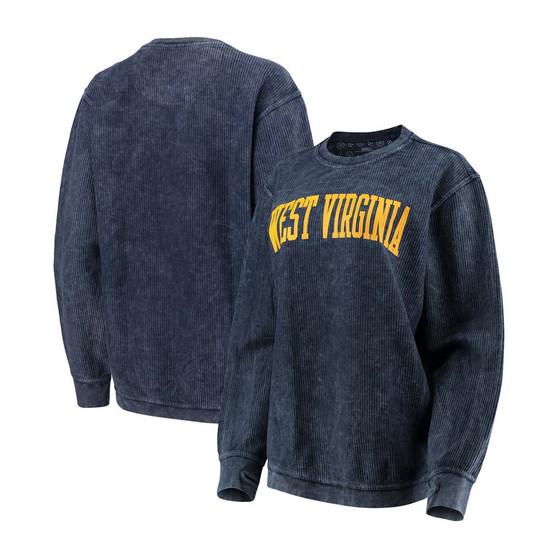 Women's Navy West Virginia Mountaineers Comfy Cord Vintage-Like Wash Basic Arch Pullover Sweatshirt