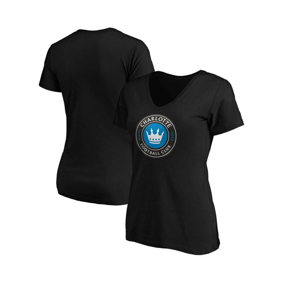 Women's Branded Black Charlotte FC Primary Logo V-Neck T-shirt