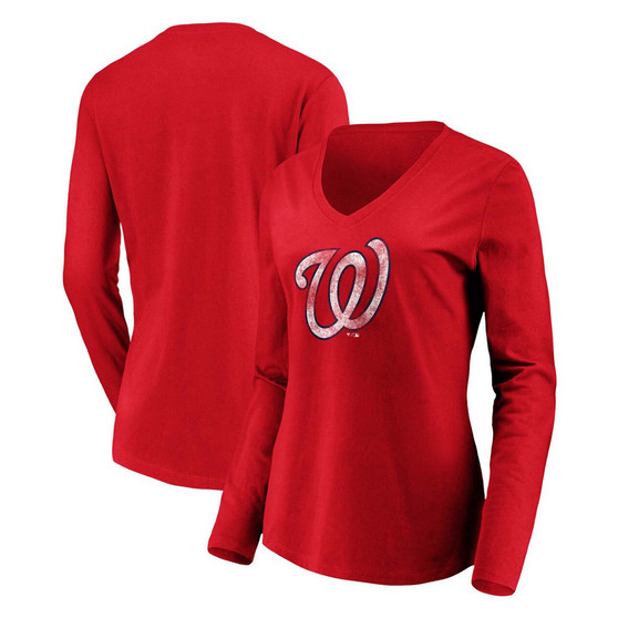 Women's Red Washington Nationals Core Team Long Sleeve V-Neck T-shirt