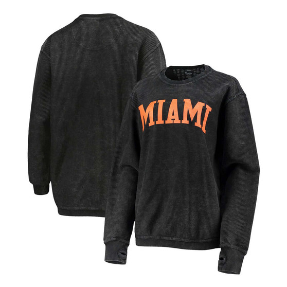 Women's Black Miami Hurricanes Comfy Cord Vintage-Like Wash Basic Arch Pullover Sweatshirt