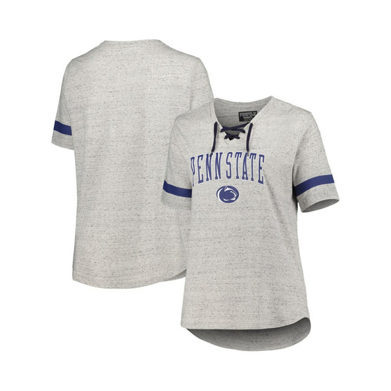 Women's Heather Gray Penn State Nittany Lions Plus Size Lace-Up T-shirt