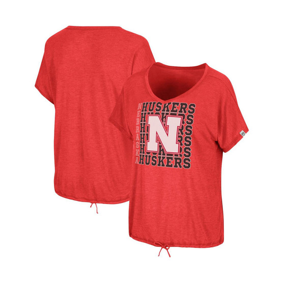 Women's Heathered Scarlet Nebraska Huskers Fifth Sense Drawcord V-Neck T-Shirt
