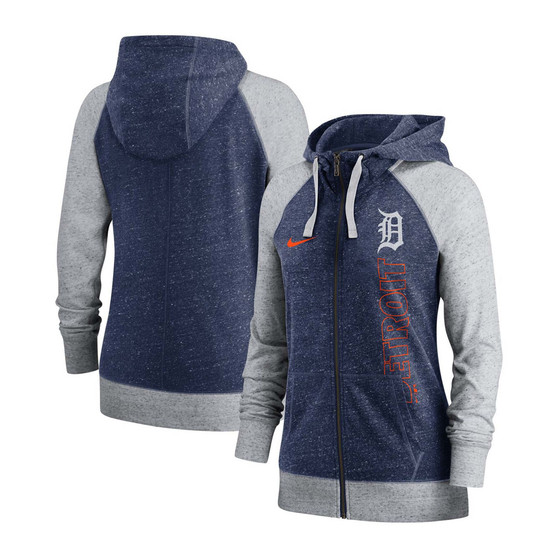 Women's Navy Detroit Tigers In Pocket Gym Vintage-Like Full-Zip Hoodie
