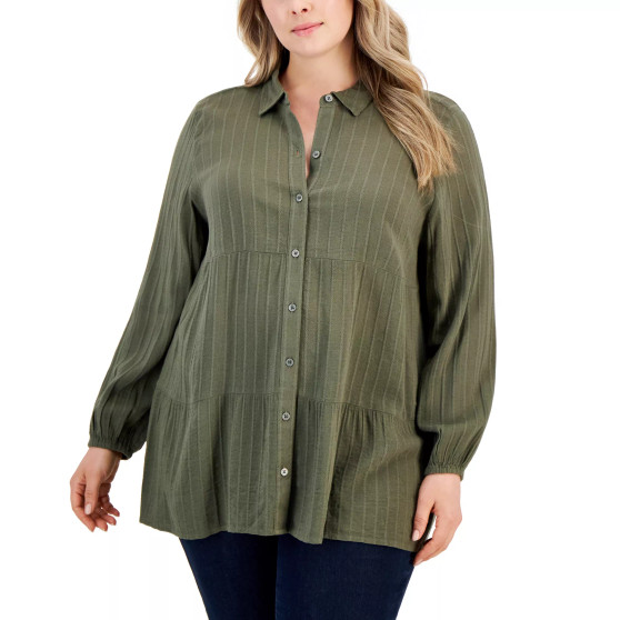 Plus Size Long-Sleeve Tiered Tunic Shirt, Created for Macy's