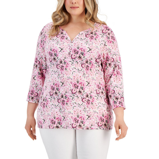 Plus Size Printed Henley Top, Created for Macy's